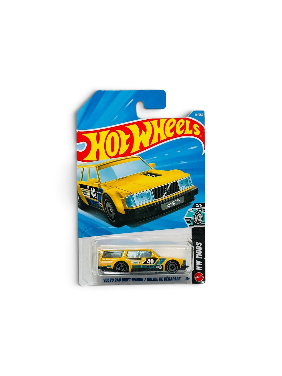 Front view of Hot Wheels Volvo 240 Drift Wagon packaged in original blister card.