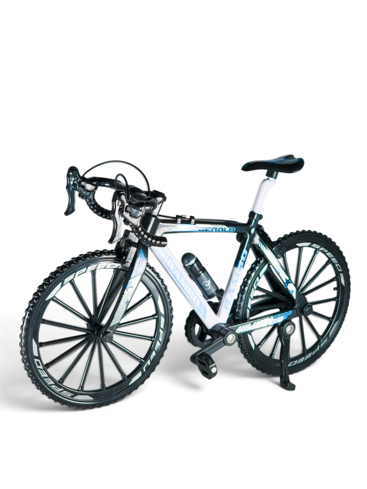 Side view of a collectible miniature bicycle with a kickstand and water bottle mounted on the frame.