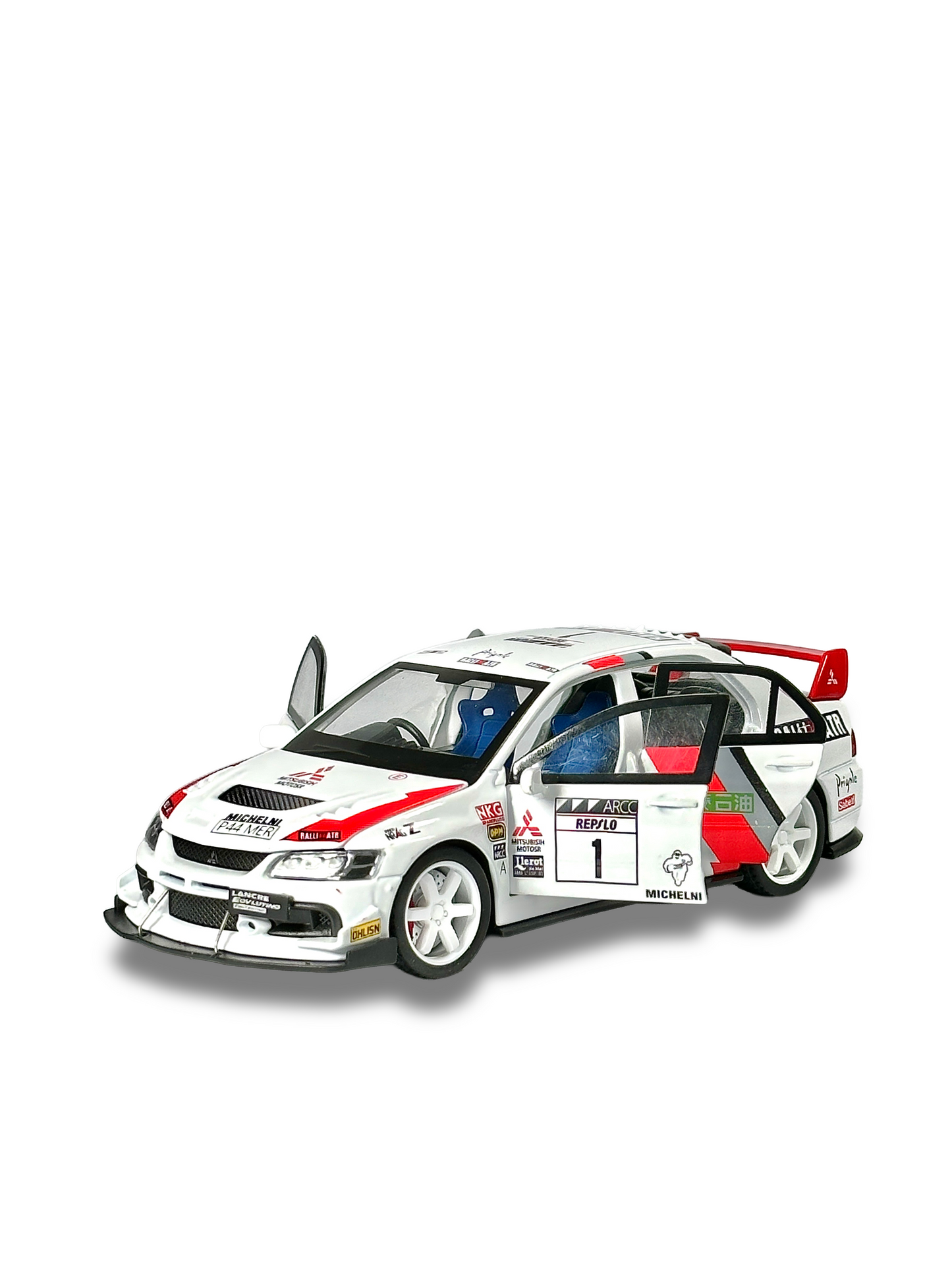 Mitsubishi Lancer Evolution IX rally replica model car in white with functional opening parts
