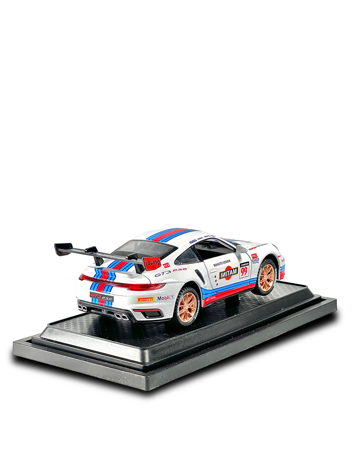 Porsche 911 GT3 RSR diecast racing car with authentic motorsport graphics