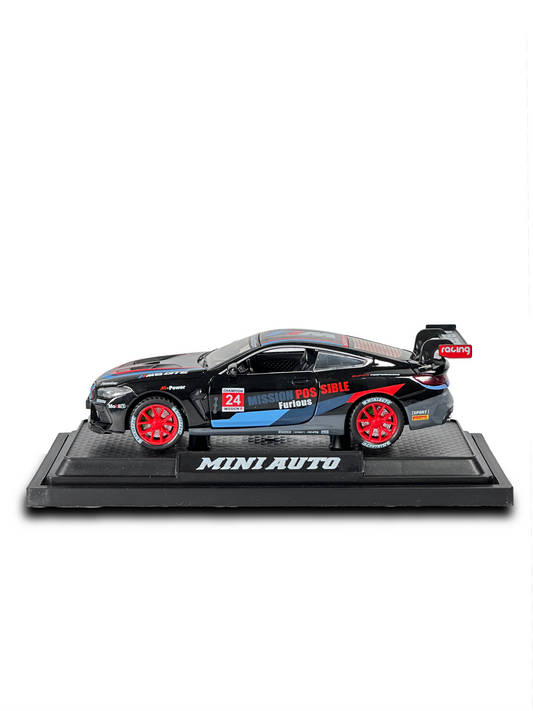 BMW M8 GTE diecast racing car with sporty cockpit and aerodynamic body kit