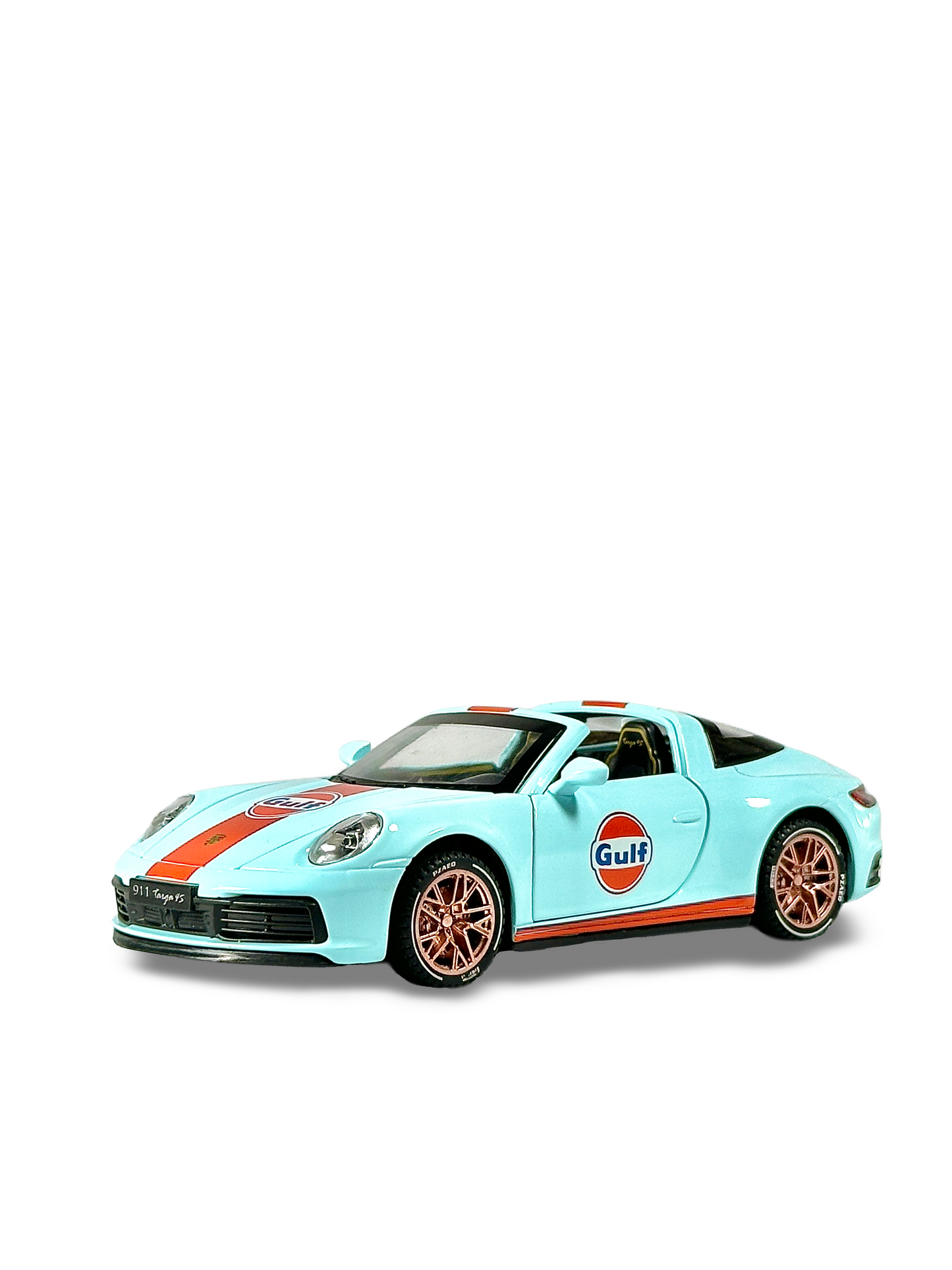 Porsche 911 Gulf Edition toy car with opening hood and engine cover