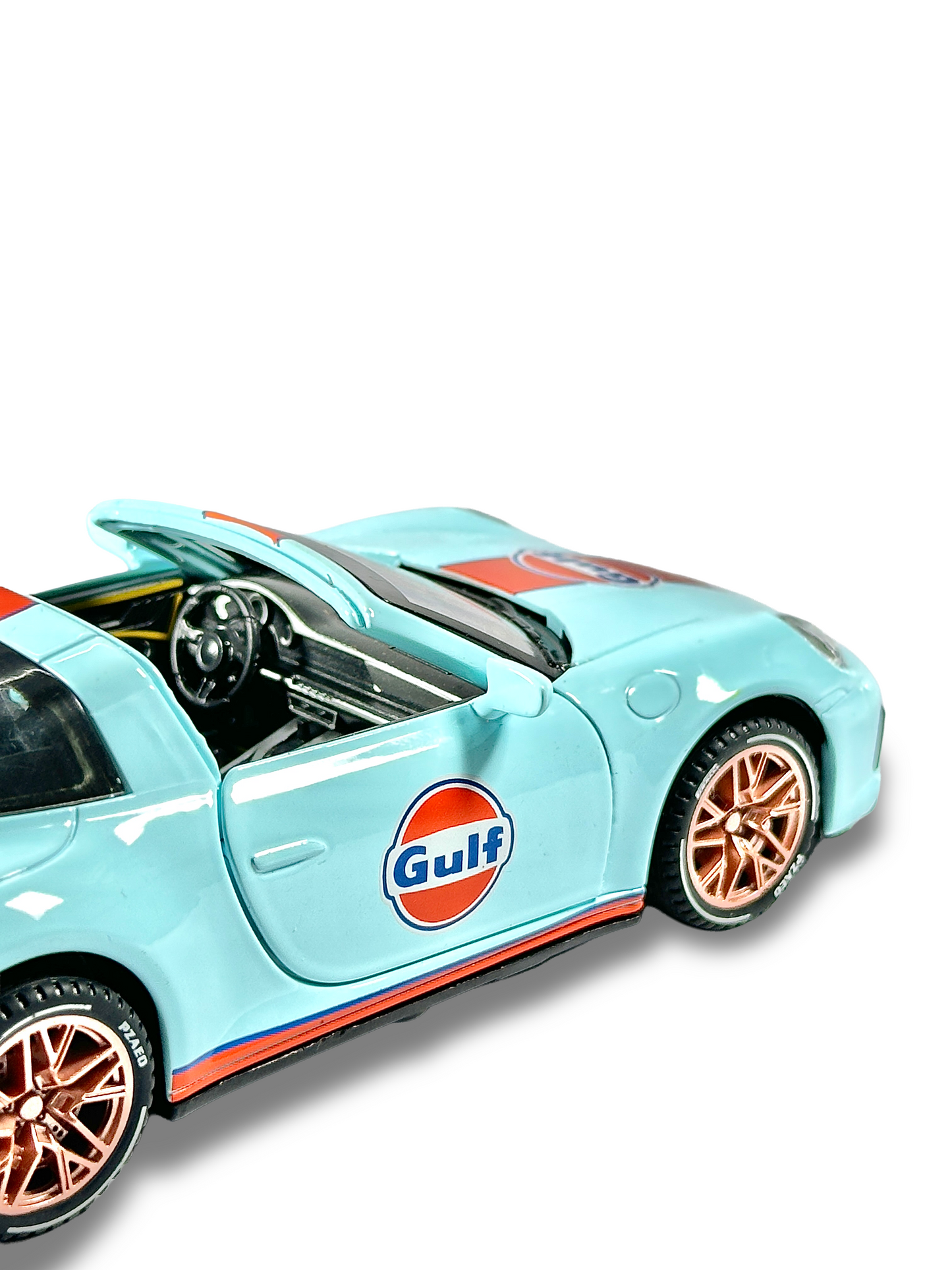 Porsche Gulf Edition diecast car with realistic interior