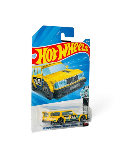 Yellow Hot Wheels Volvo 240 Drift Wagon die-cast car from the HW Mods series.