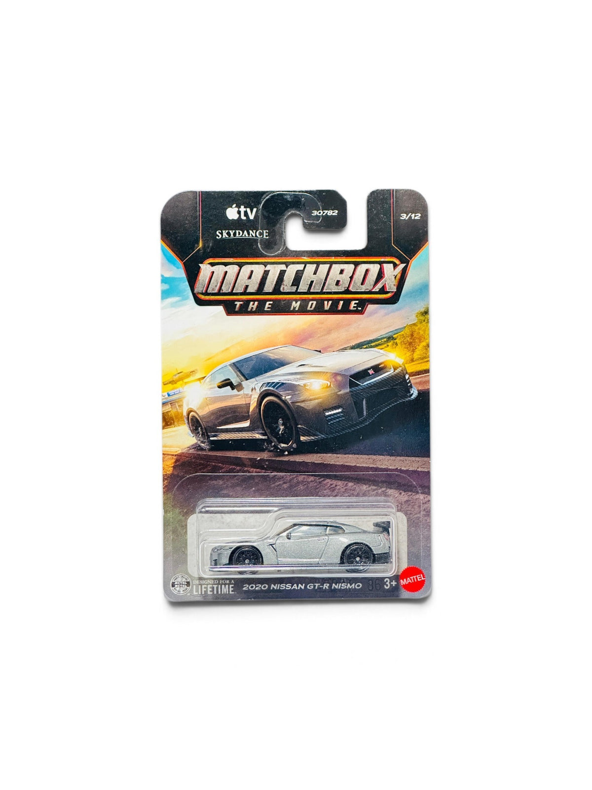 Dark grey 1:64 scale Matchbox 2020 Nissan GT-R NISMO die-cast sports car.
