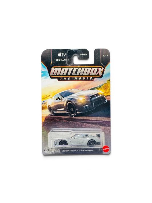 Dark grey 1:64 scale Matchbox 2020 Nissan GT-R NISMO die-cast sports car.