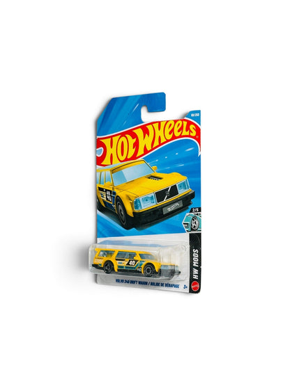 Hot Wheels Volvo 240 Drift Wagon in yellow with race decals and number 40.