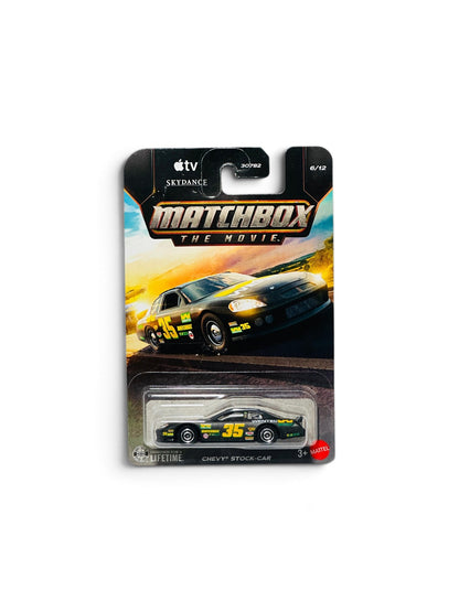 Front view of unopened Matchbox The Movie Chevy Stock-Car #35 in original blister packaging.