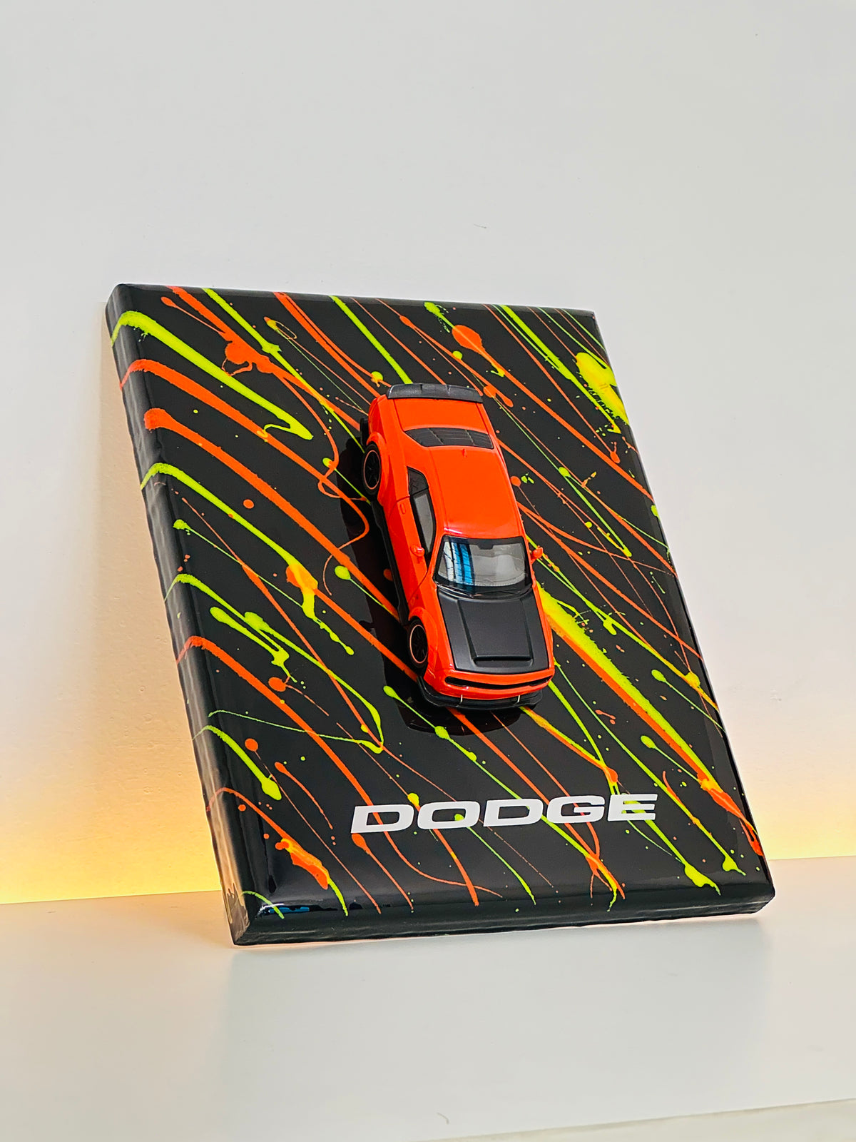 Premium orange Dodge sports car resin diecast display frame