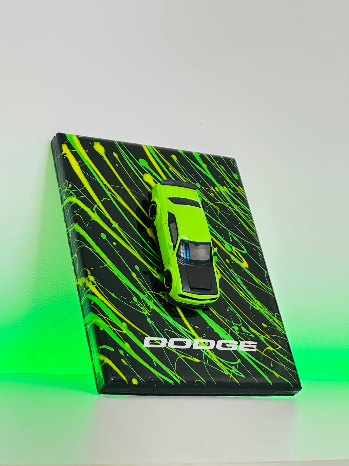 Premium Dodge resin diecast display frame with green sports car