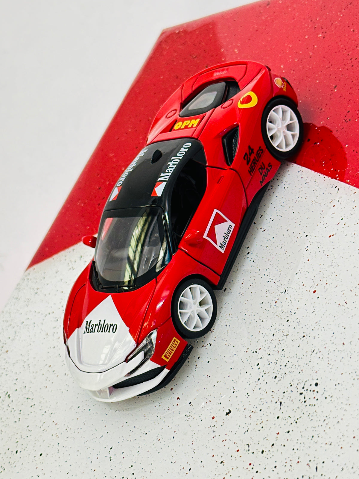 Marlboro-inspired racing diecast model car wall display
