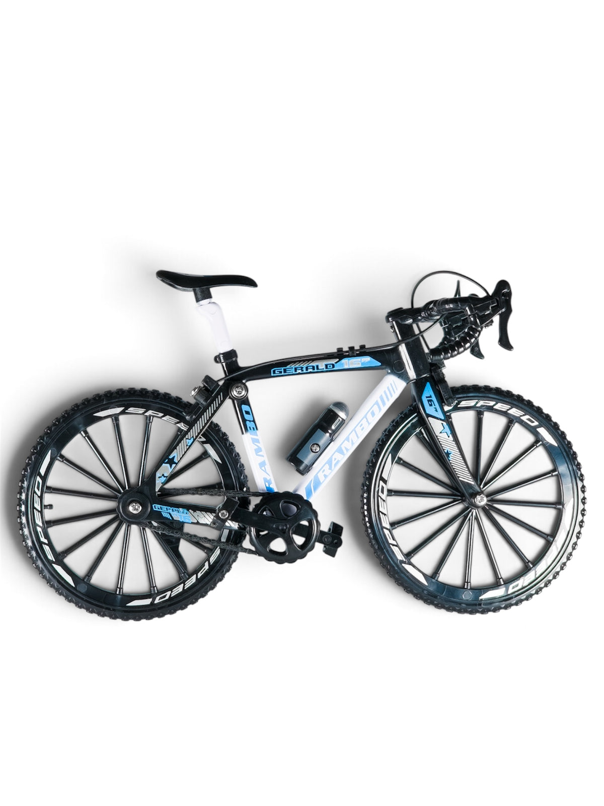 Detailed scale model bicycle featuring drop handlebars, white frame accents, and black tires.