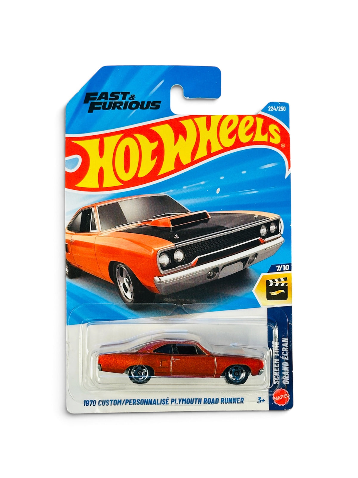 Hot Wheels 1970 Custom Plymouth Road Runner orange-red die-cast toy car in original blister packaging.