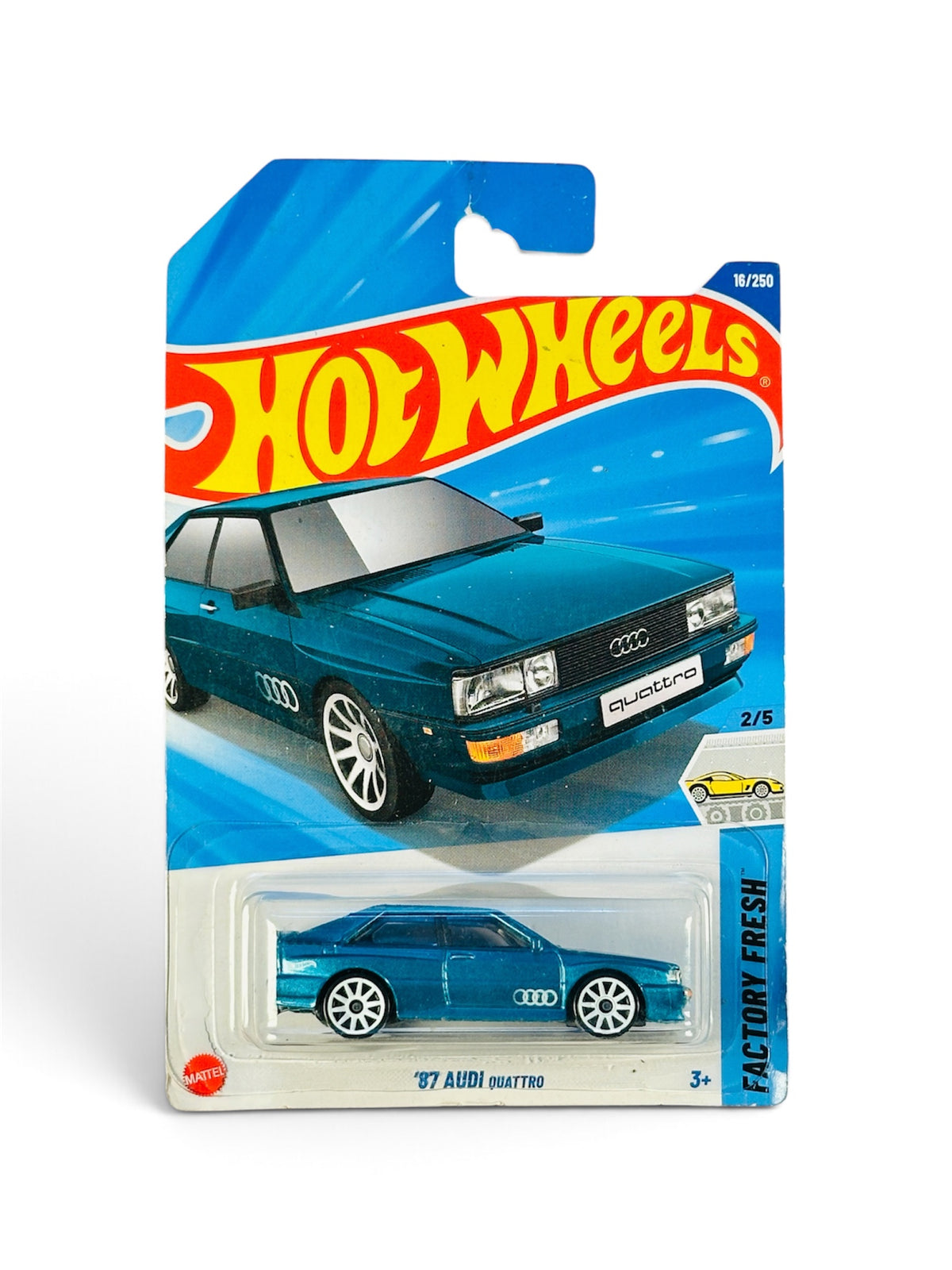 Hot Wheels 87 Audi Quattro blue 1:64 scale diecast car in original packaging