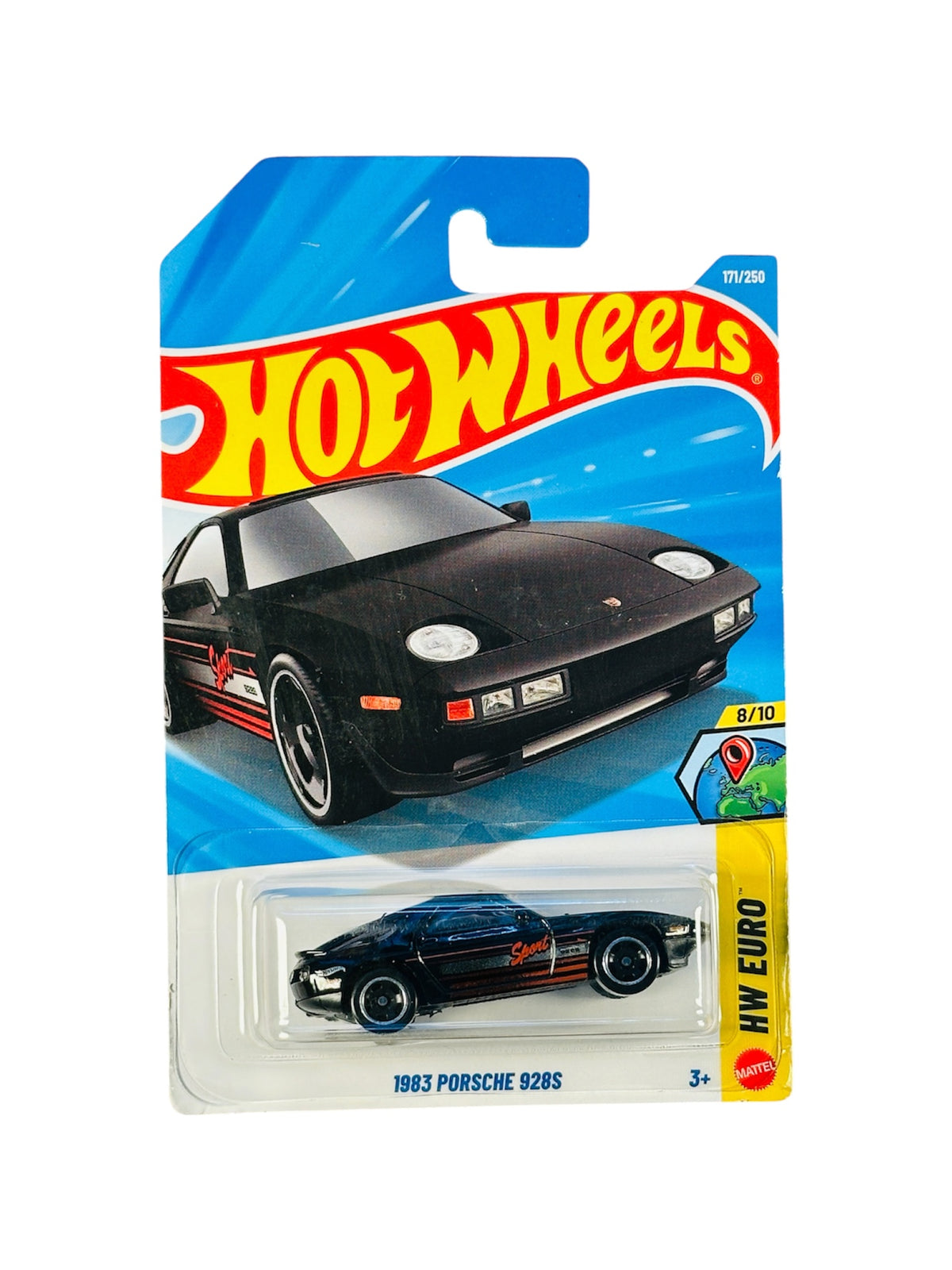 Hot Wheels 1983 Porsche 928S black diecast car in original HW Euro blister packaging.