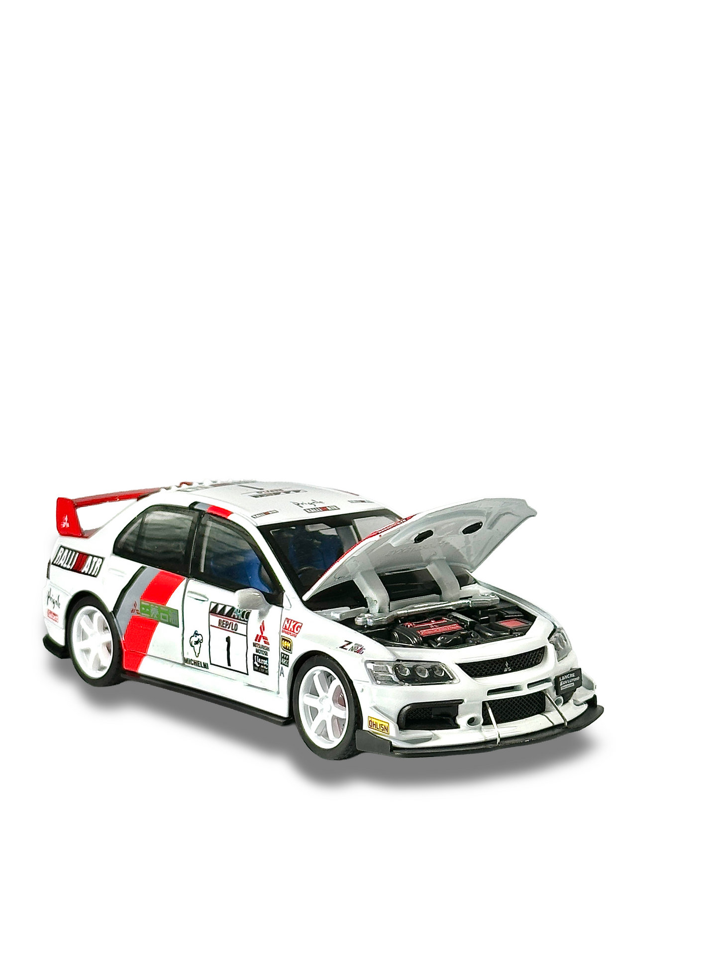 Realistic Mitsubishi Evo IX Rally Edition diecast car with sponsor decals and racing number 1
