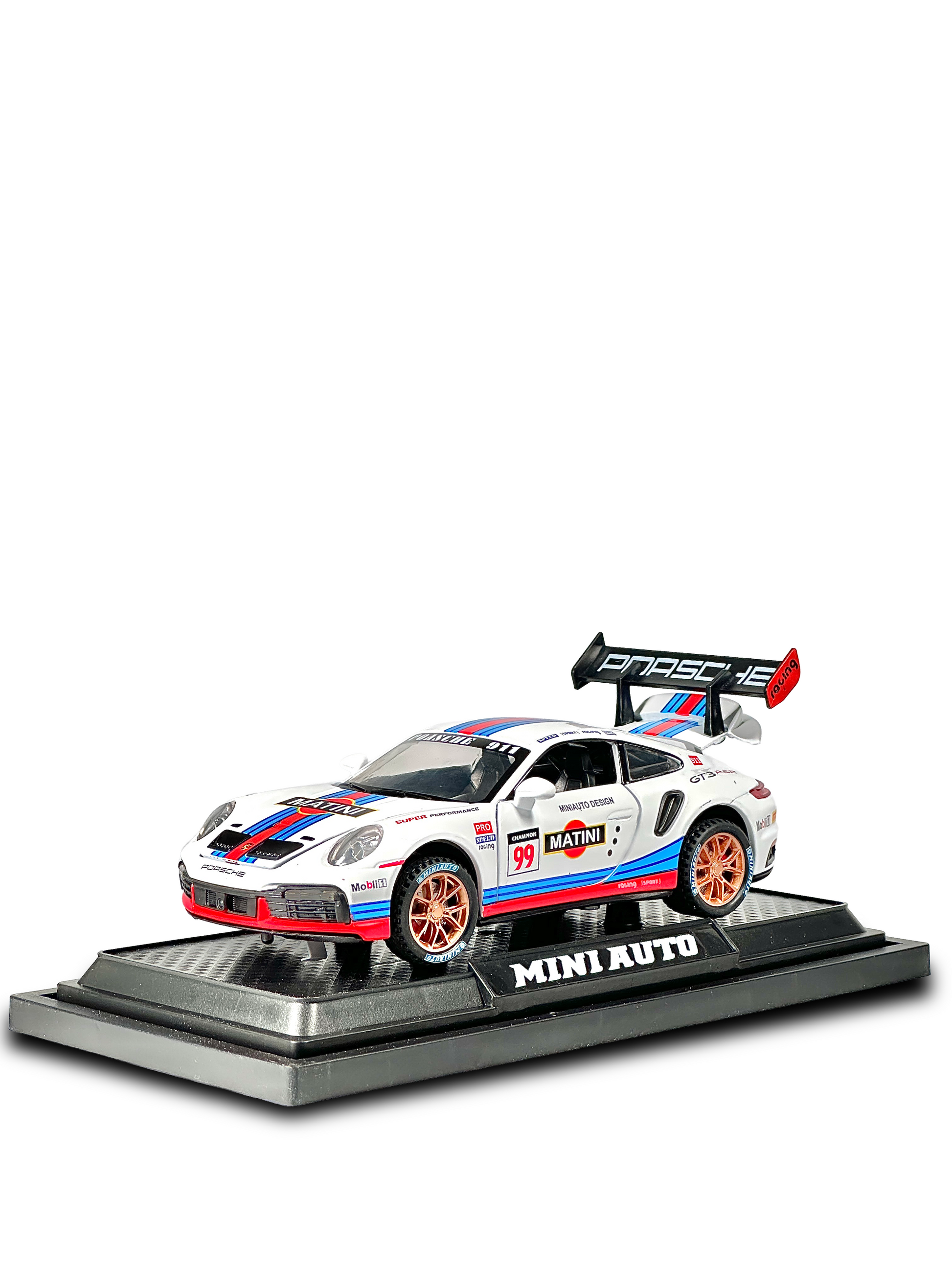 Porsche 911 GT3 RS diecast model with Martini racing livery and opening doors