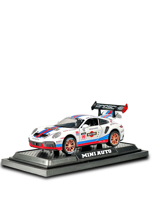 Porsche 911 GT3 RS diecast model with Martini racing livery and opening doors