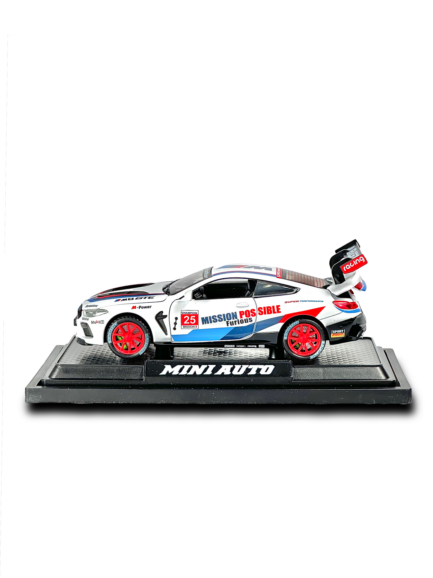 Detailed BMW M8 GTE racing model car with realistic interior