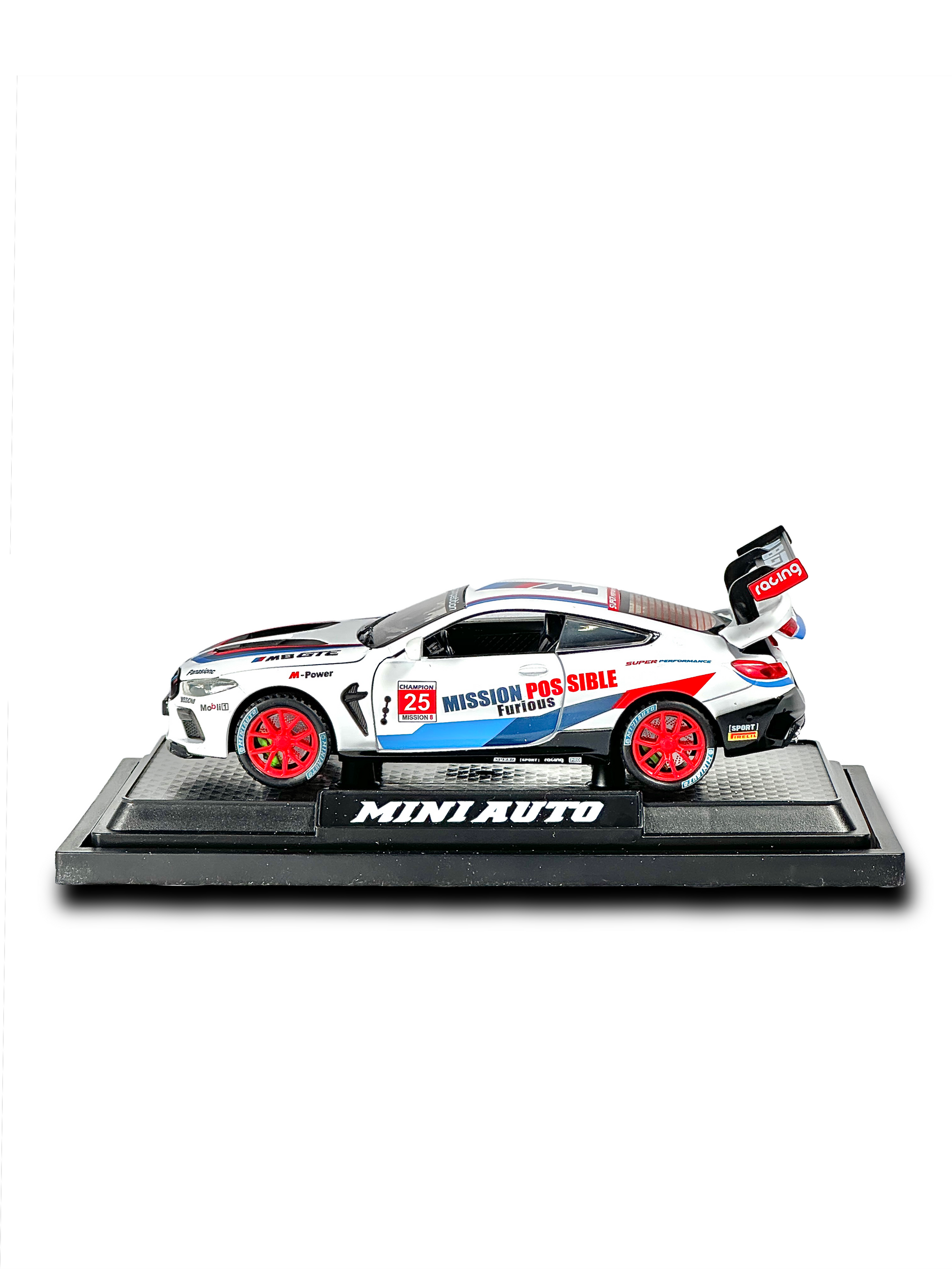 Detailed BMW M8 GTE racing model car with realistic interior