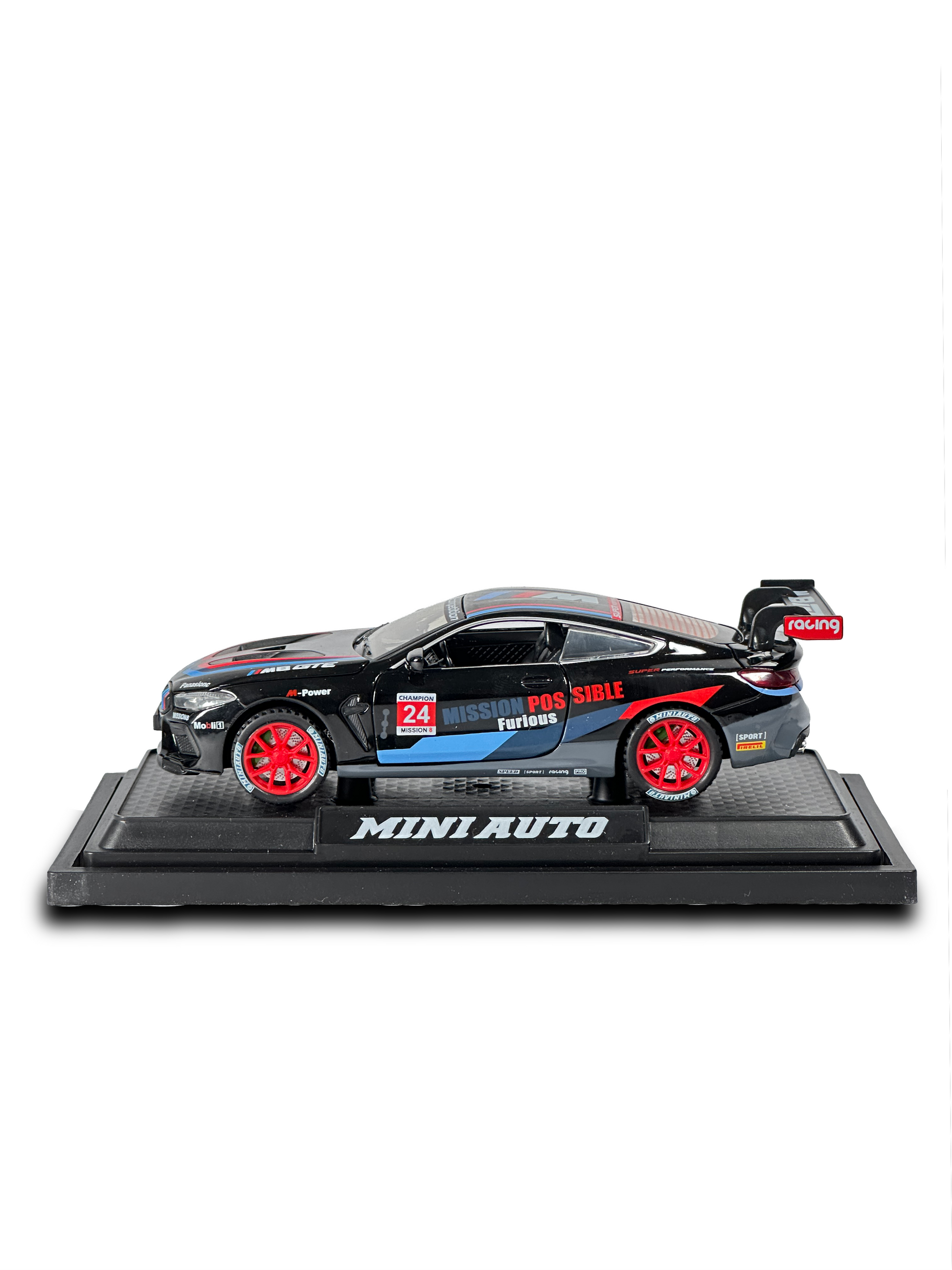 BMW M8 GTE diecast racing car with sporty cockpit and aerodynamic body kit