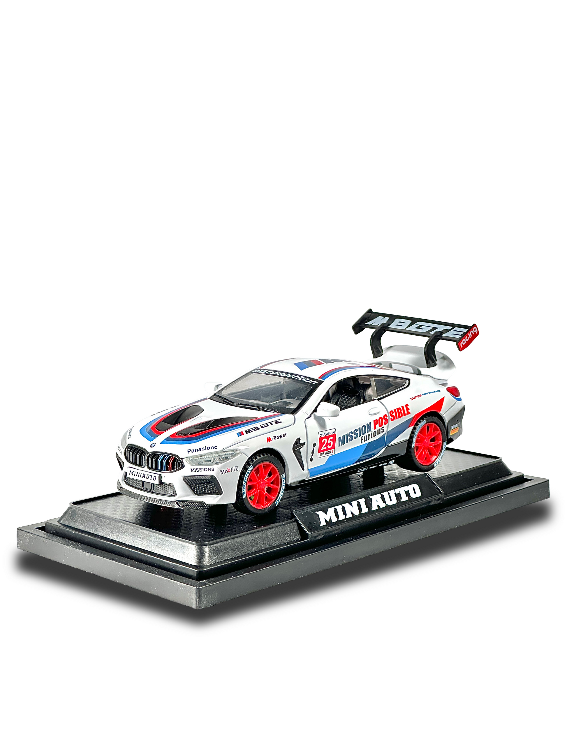 BMW M8 GTE collectible diecast model featuring red rims and rear wing