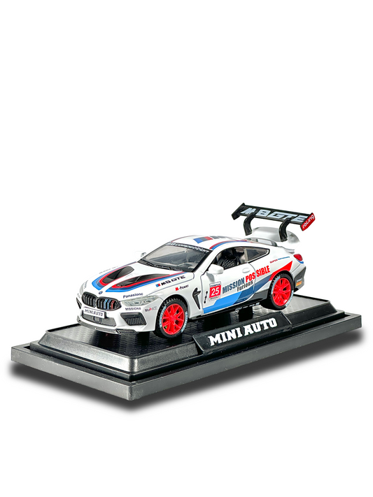 BMW M8 GTE collectible diecast model featuring red rims and rear wing